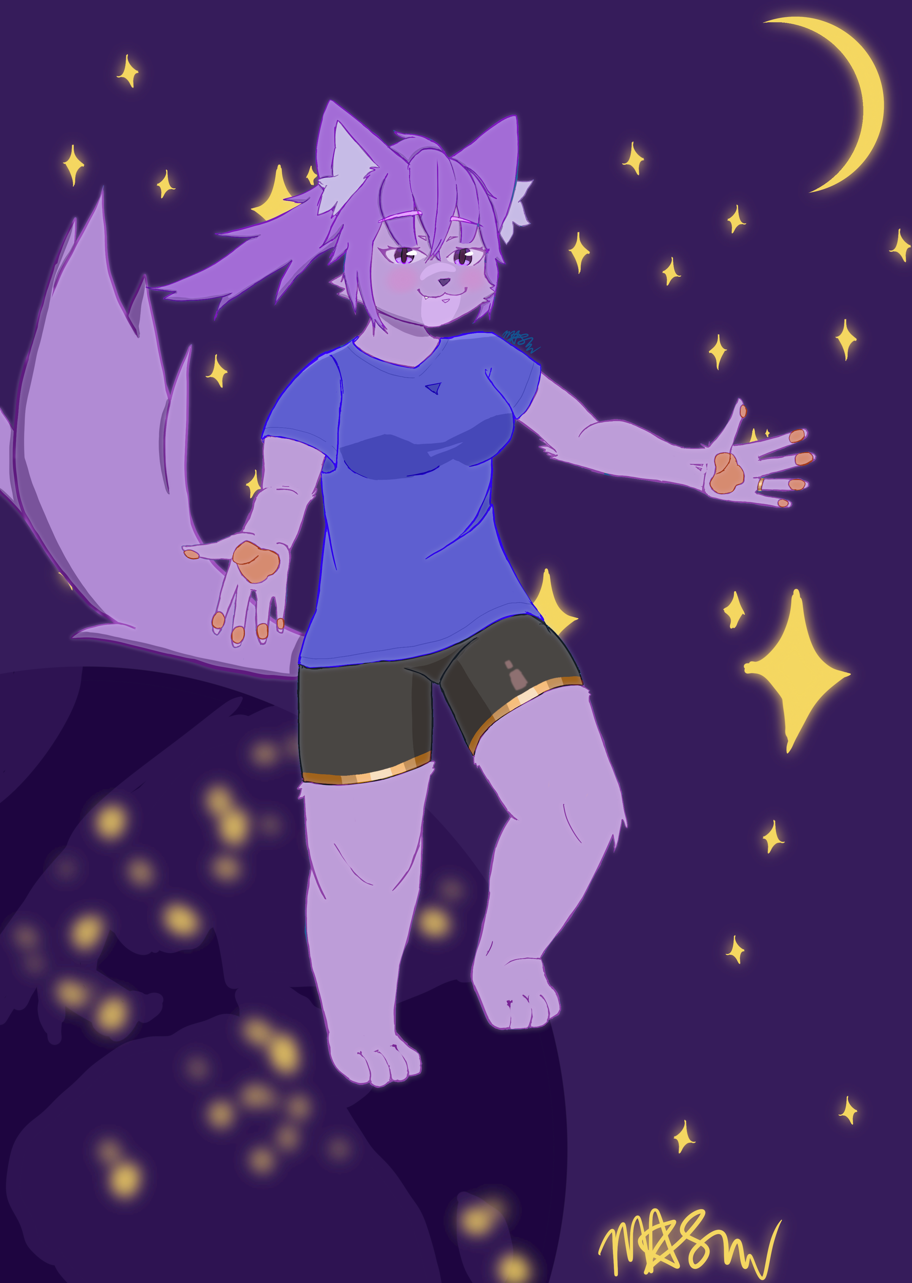 Scene of a purple cat wearing a purple shirt and blackish brown shorts with her arms extended floating in space.